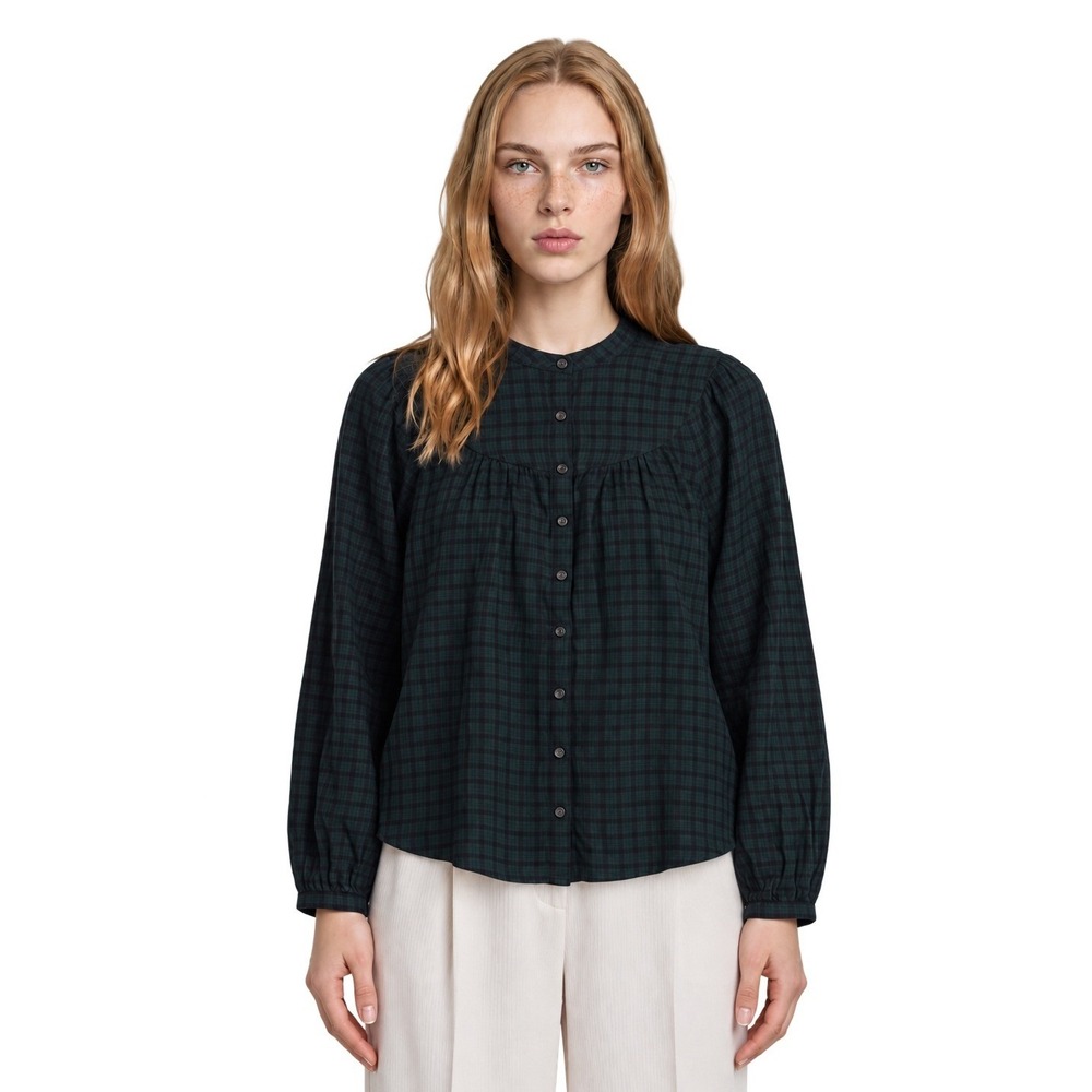 Madewell Plaid Button Blouse Women's Size Medium Green Black Balloon Sleeve Top